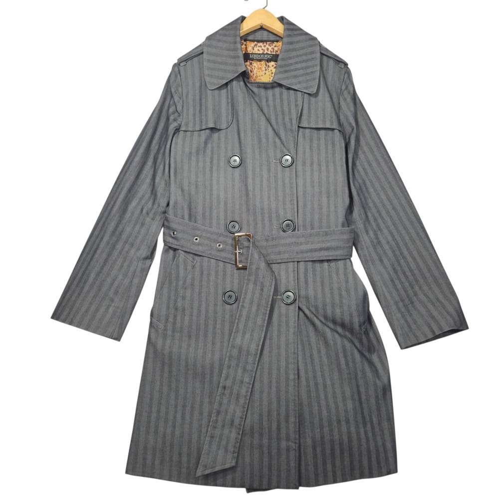London Fog Manhattan Trench Coat Grey Herringbone Leopard Lining Sz M